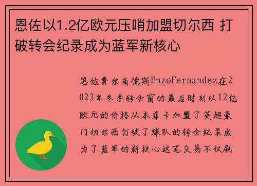 恩佐以1.2亿欧元压哨加盟切尔西 打破转会纪录成为蓝军新核心